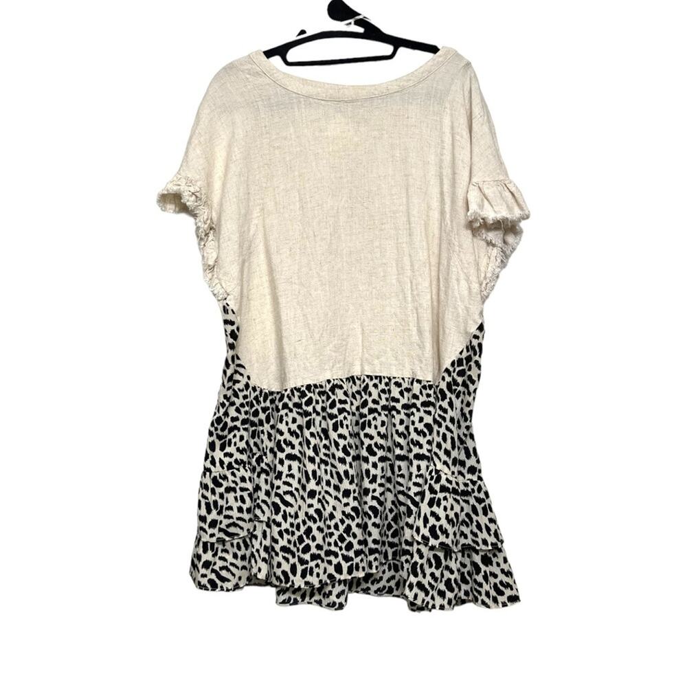 Umgee Oatmeal Boho Contrasting Leopard Print Mixed Media Linen Blend Tunic Top M - Picture 1 of 4